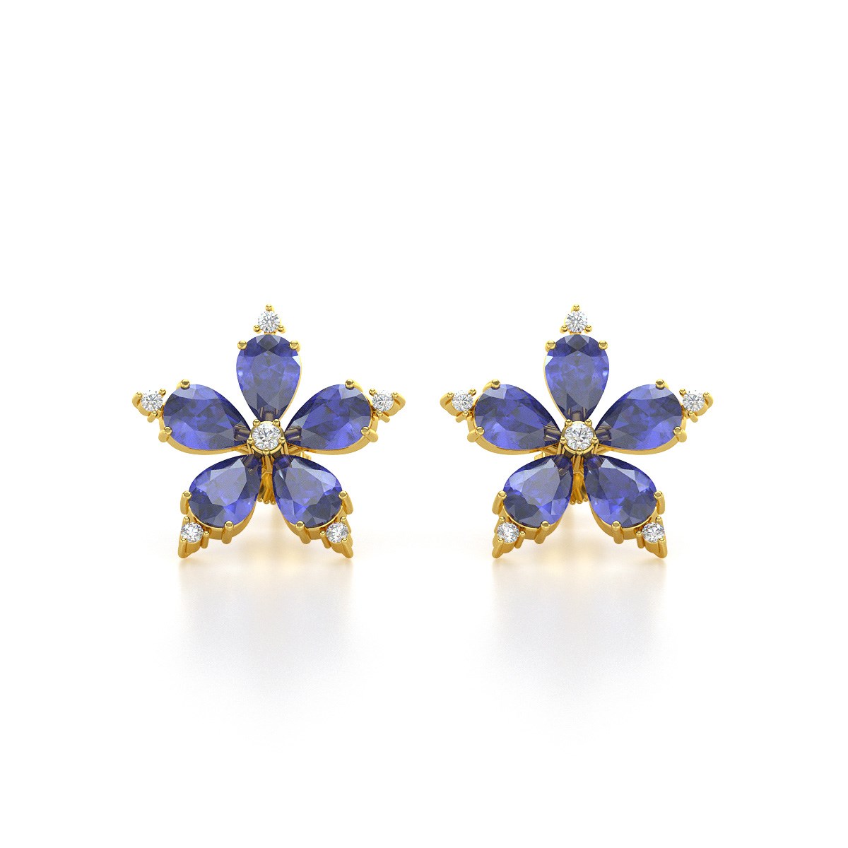 Boucles d'oreilles ADEN Or 585 Jaune Fleur Tanzanite et Diamants 4.52grs