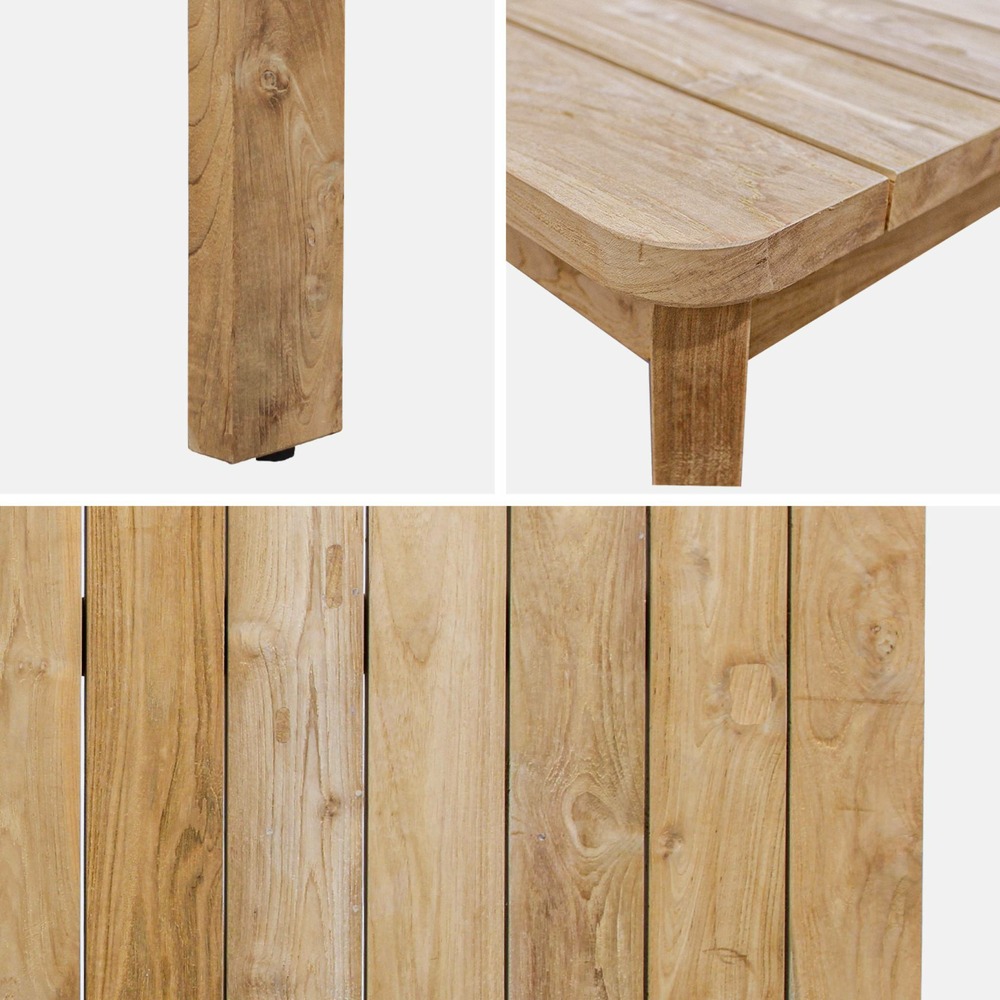 Table à manger en ancien teck recyclé . 220cm + 6 chaises et 2 fauteuils en rotin naturel et métal. Coussins naturels