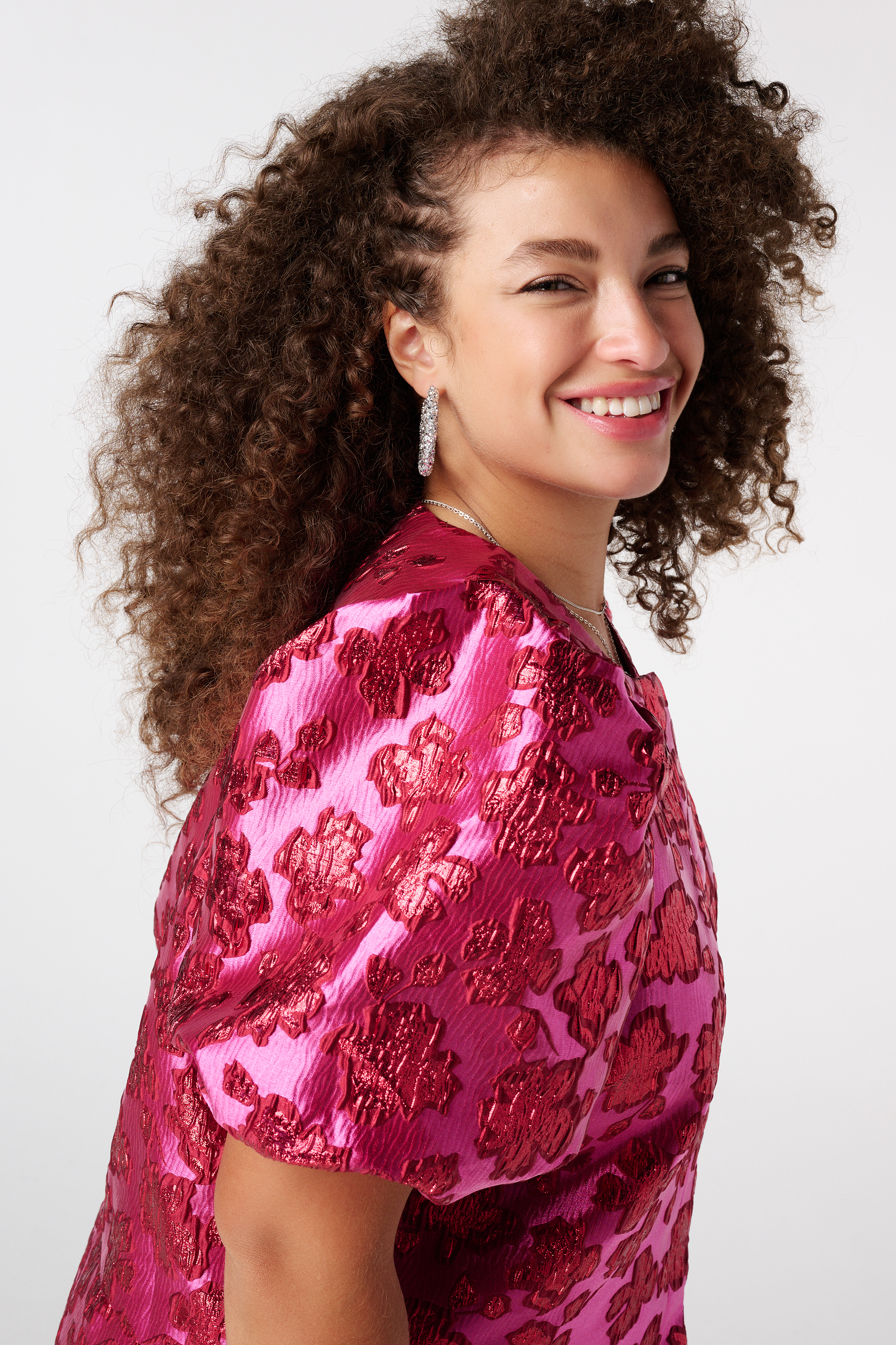 Glitter jacquard top met pofmouwen Multi Pink