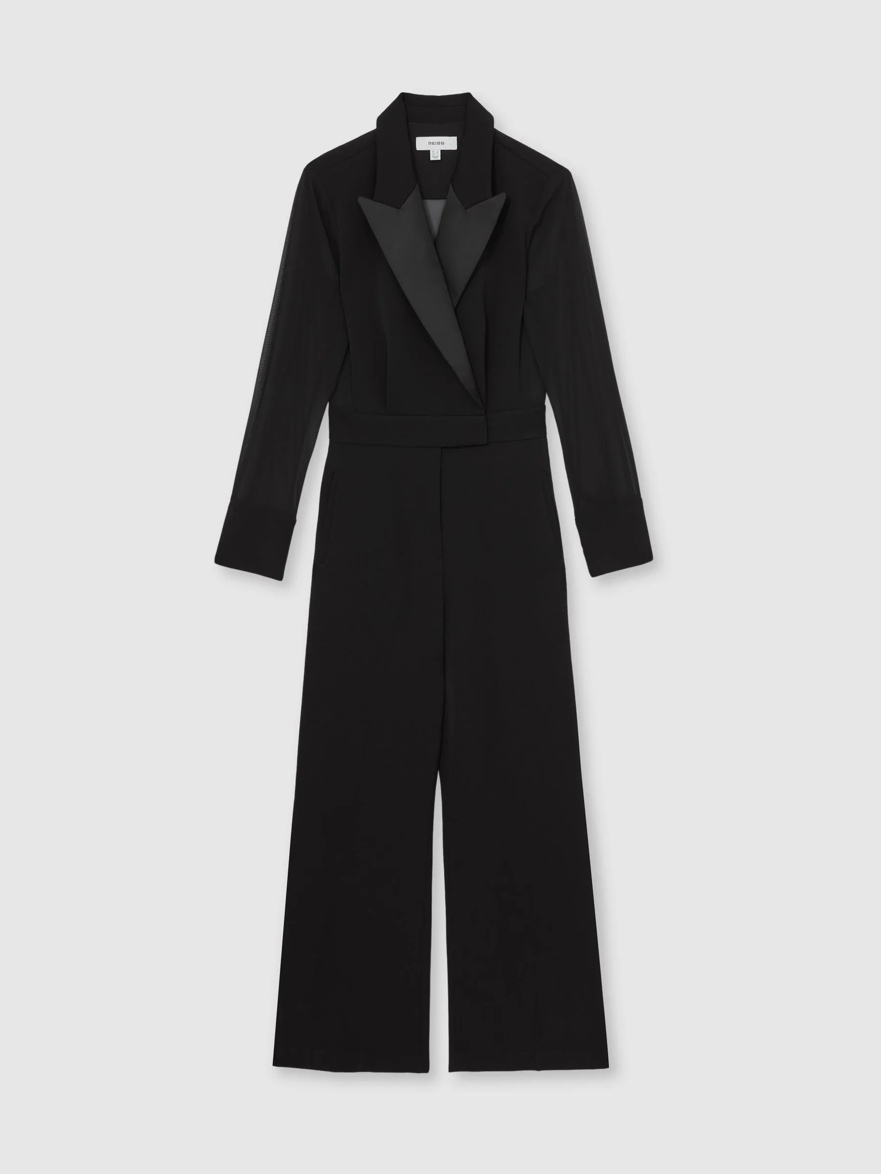 Reiss Perla Sheer-Sleeve Tuxedo Jumpsuit