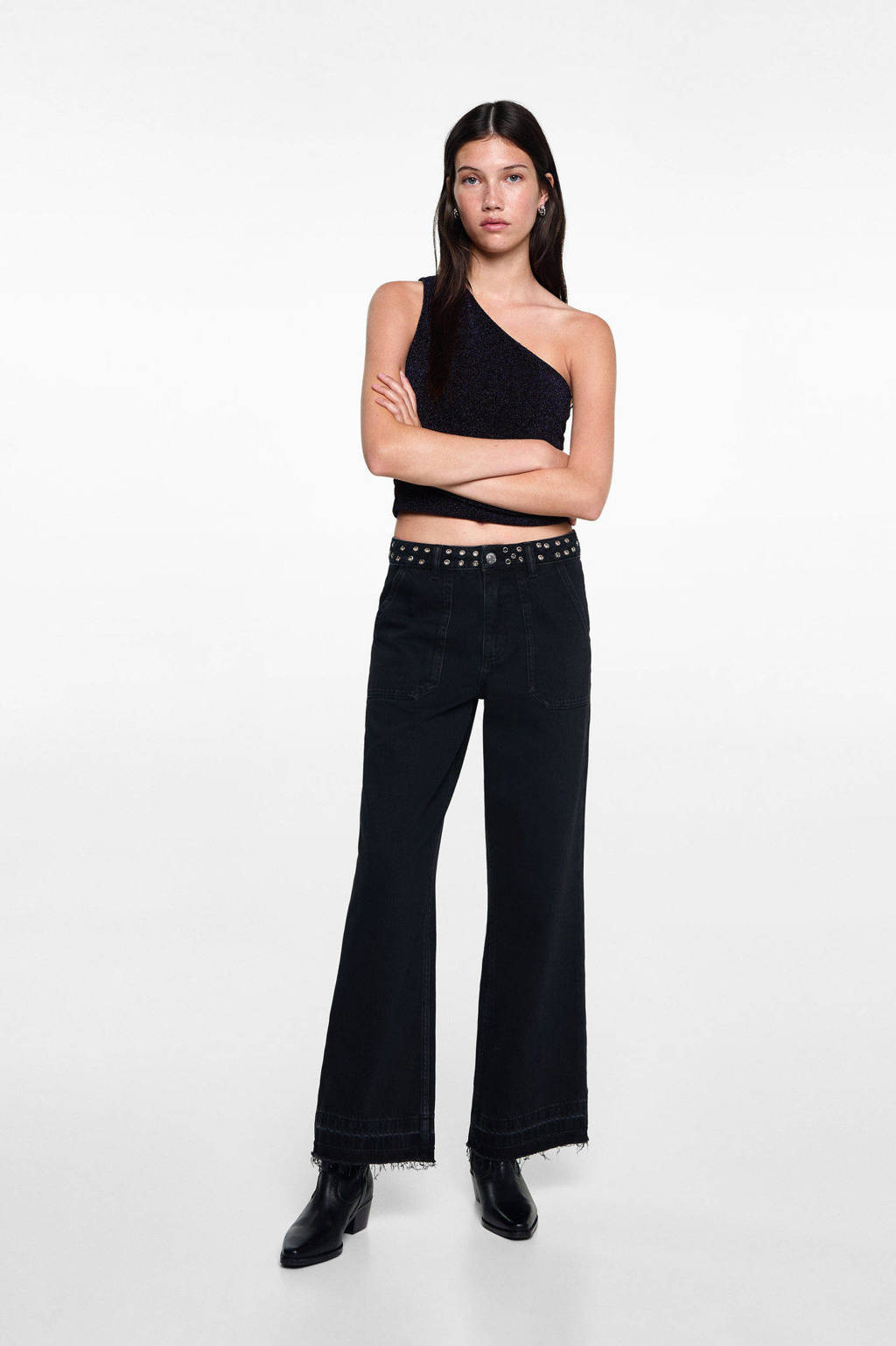 MANGO TEEN one shoulder top donkerblauw glitter