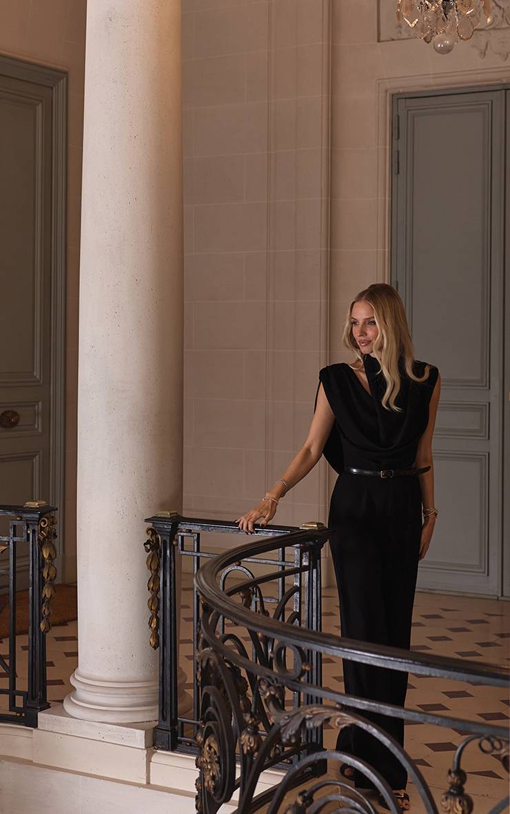 Noir Combinaison Pantalon Premium Tissée Asymétrique À Col Bénitier Et Dos Drapé