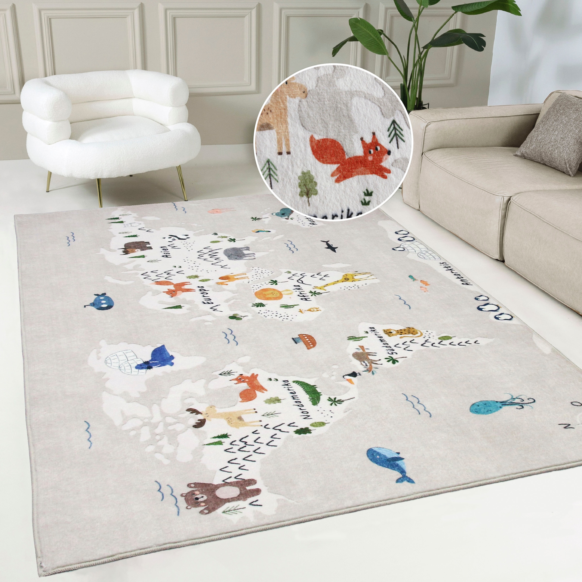 my home Kinderteppich »Weltkarte« rechteckig 9 mm Höhe Tiere, weich, modernes Design, Kinderzimmer, 2 Farbvarianten
