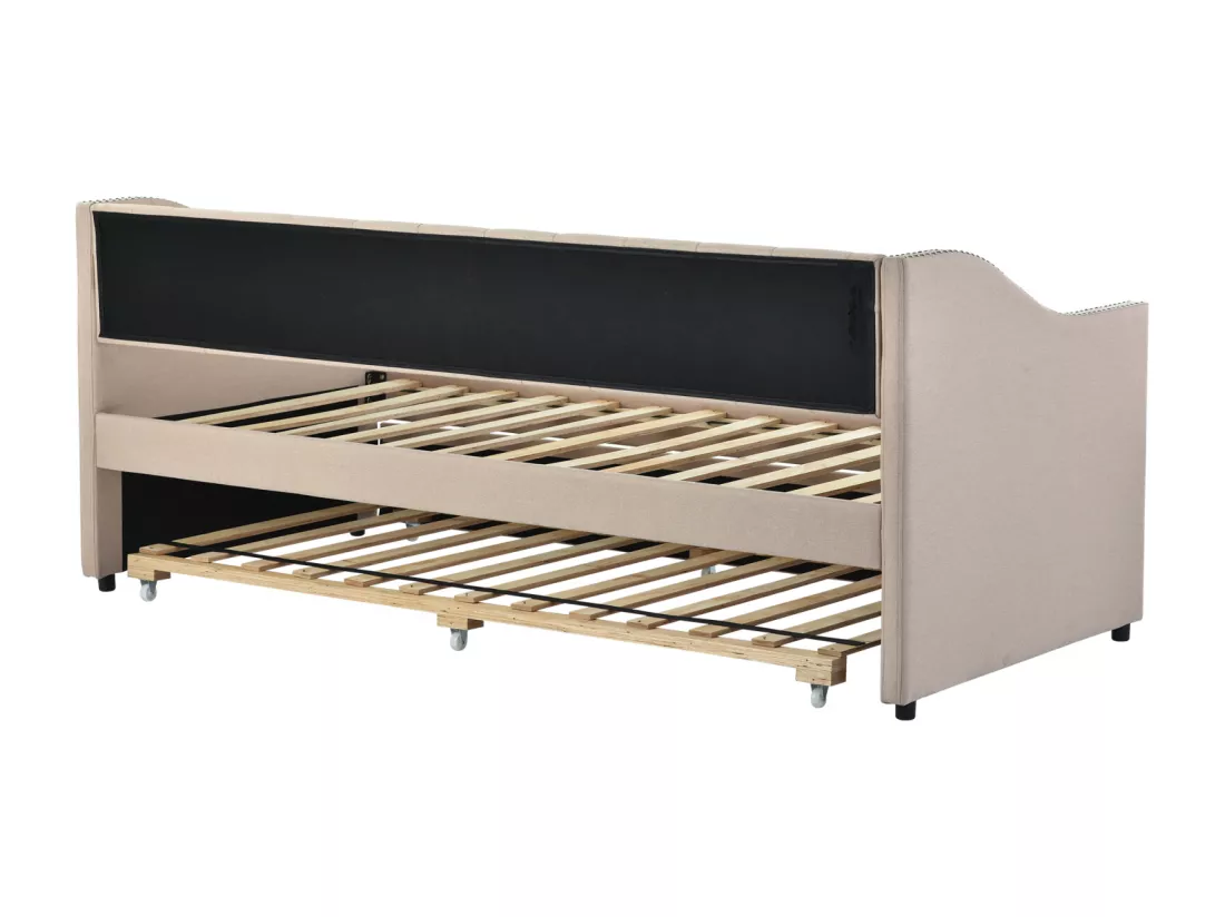 lit gigogne 90x200cm, canapé-lit, lit banquette 2 places, sommiers à lattes, canapé lit convertible style moderne - Beige