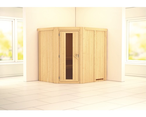 Karibu Siirina modulaire sauna zonder oven en dakrand, met houten deur en geïsoleerd glas.