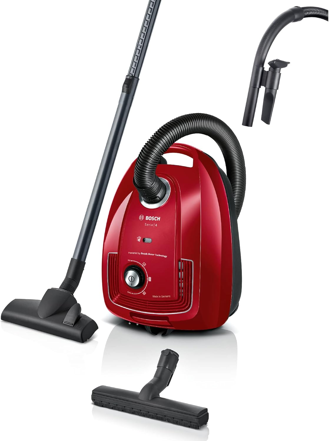 Bosch Hausgeräte Staubsauger mit Beutel Serie 4 BGD38RD1H, nachhaltig, Hygiene-Filter, 10 Jahre Motorgarantie, Hartbodendüse, Zubehör-Clip, Polsterdüse, Fugendüse, hohe Saugkraft, 600 W, rot