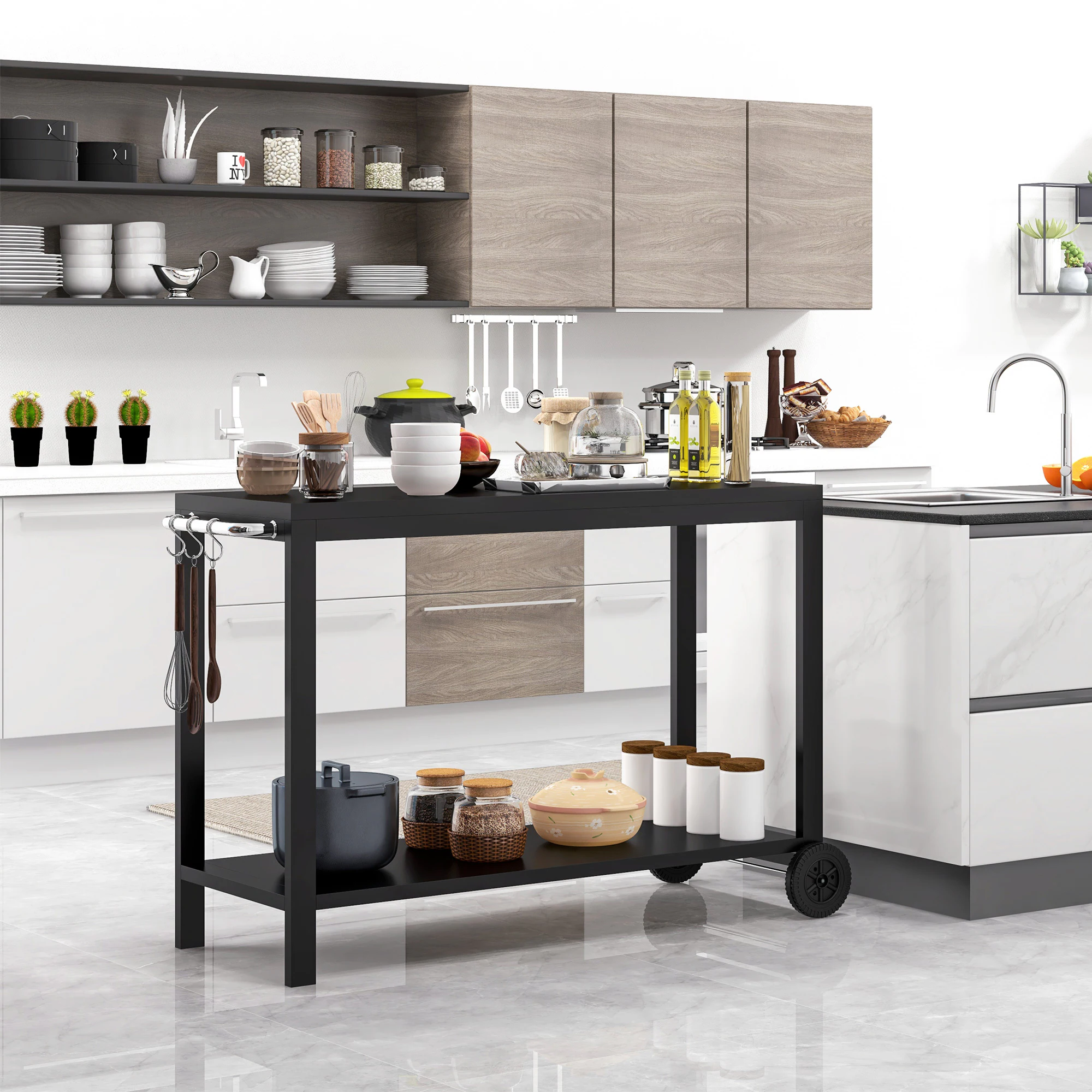 HOMCOM Beistelltisch auf Rollen schwarz 128 x 46,5 x 86,5 cm (BxTxH)