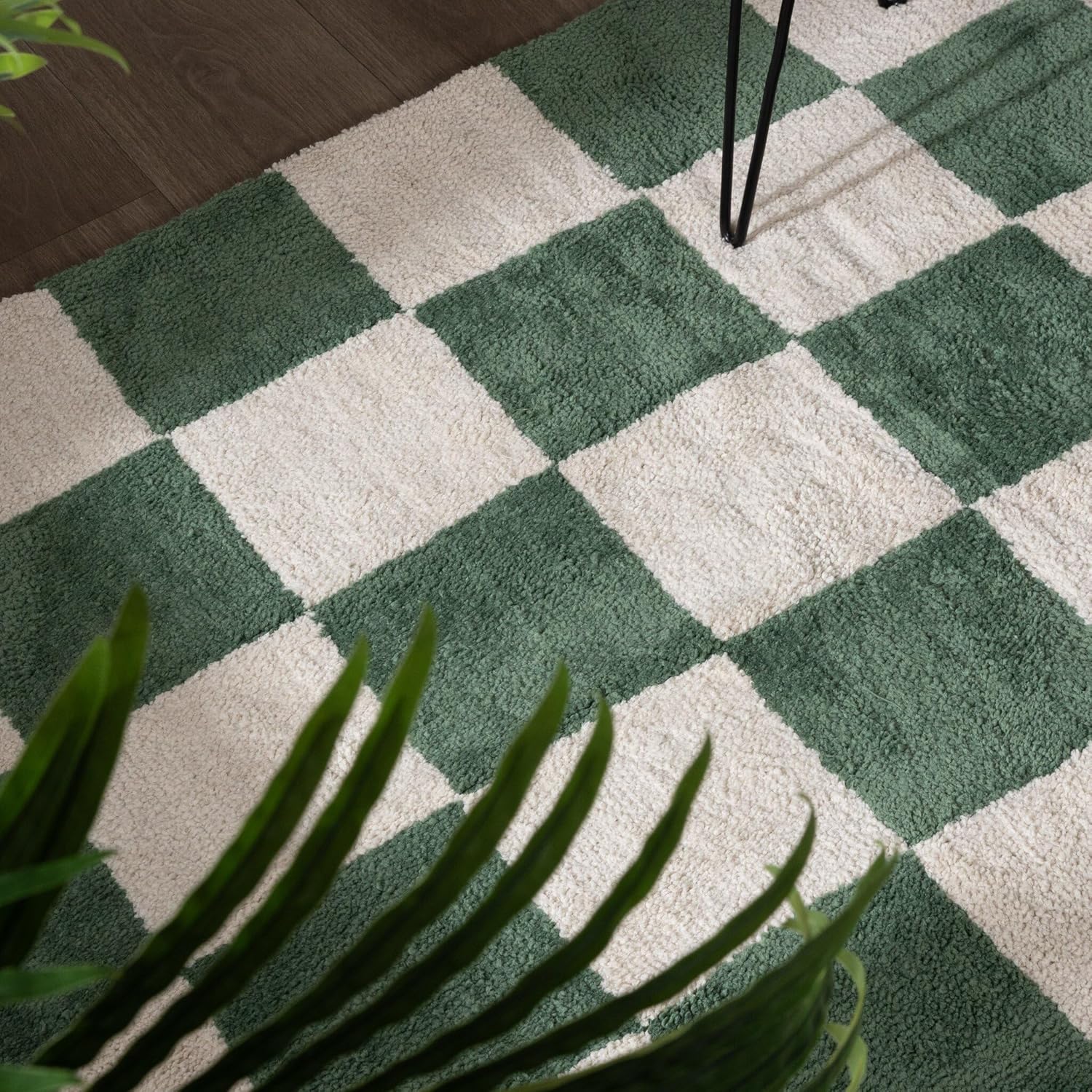 FRAAI | Home & Living Teppich Kariert - Blox Grün Weiß - Baumwolle, Polyester - Hochflor - Blöcke, Kariert - Waschbar in Waschmaschine - Modern - Wohnzimmer, Schlafzimmer, Büro - Carpet