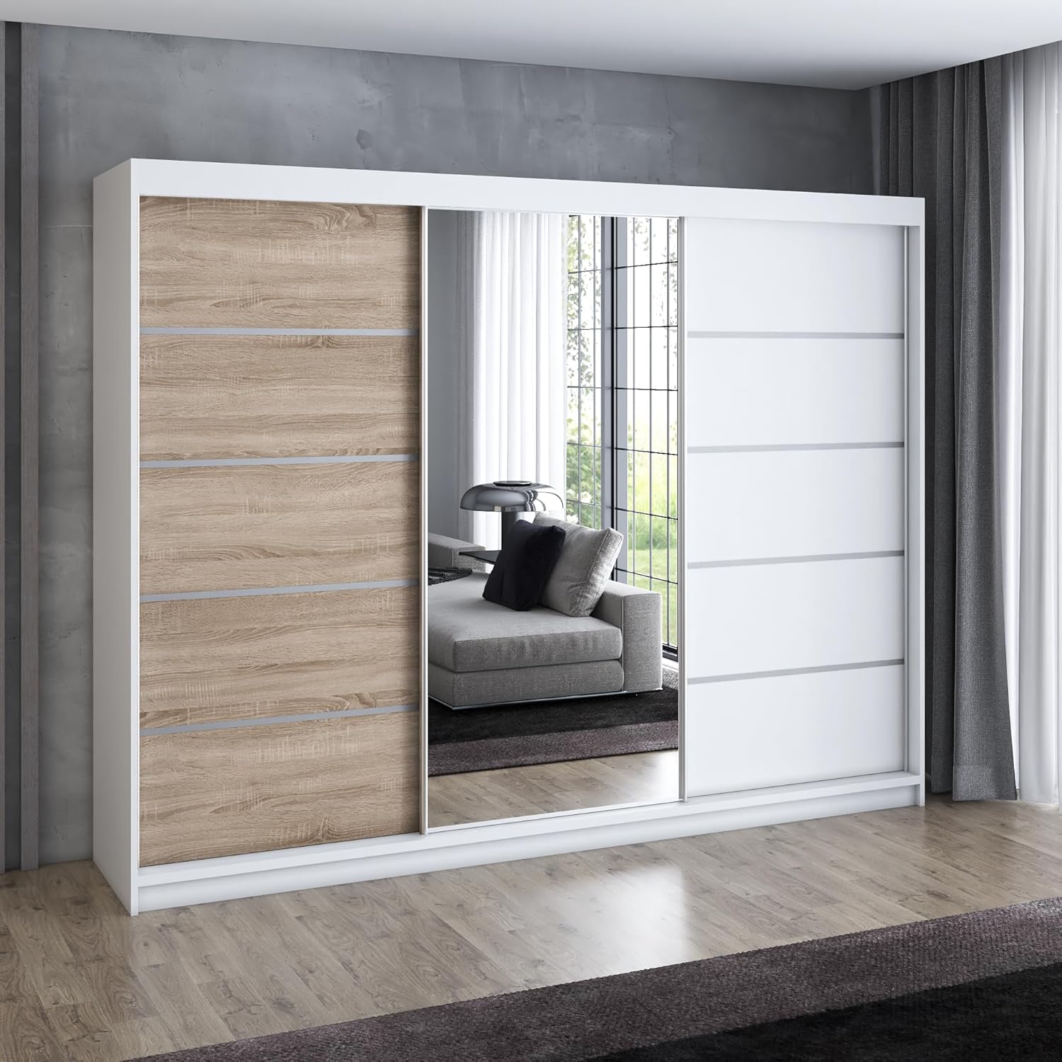 A&J MöbelLand Schwebetürenschrank VILUNO 1 Kleiderschrank 3-türig 200 cm mit Spiegel, 4 Schubladen & 2 Kleiderstangen, Geräumiger Schlafzimmerschrank (Weiß/Sonoma)