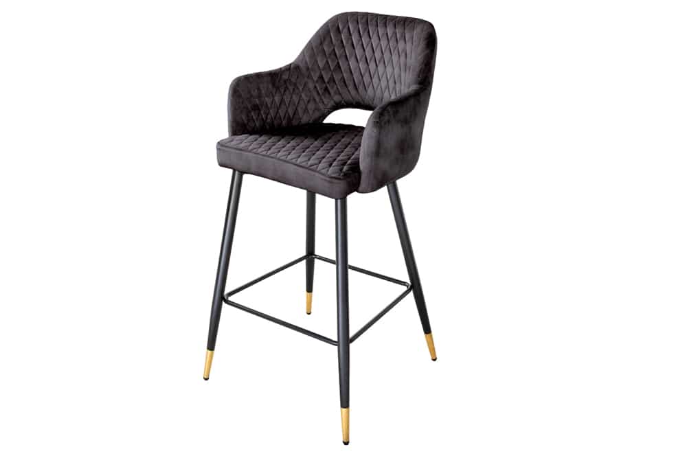 Design Barhocker PARIS grau Samt mit Lehne Metall schwarz gold Ziersteppung
