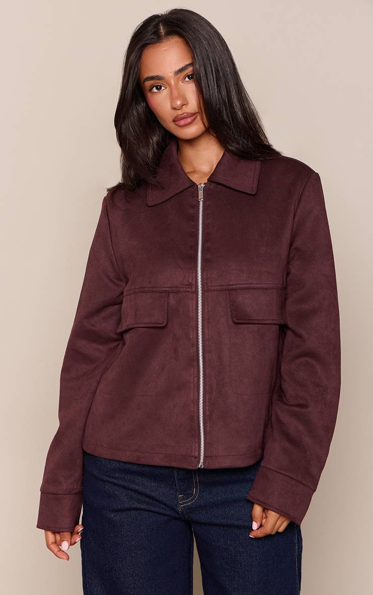 Rouge Bordeaux Veste Légère En Daim Avec Fermeture Éclair