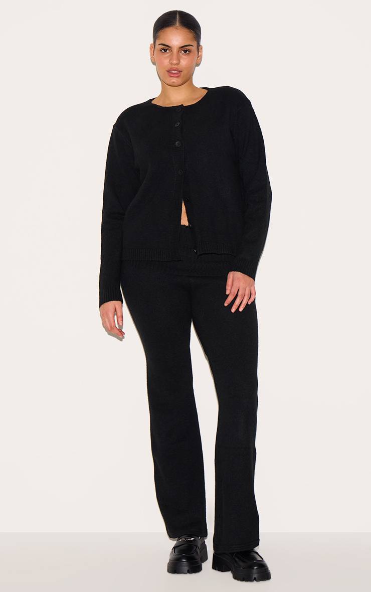 Noir Pantalon Évasé Grande Taille En Maille Douce Chinée Taille Repliable