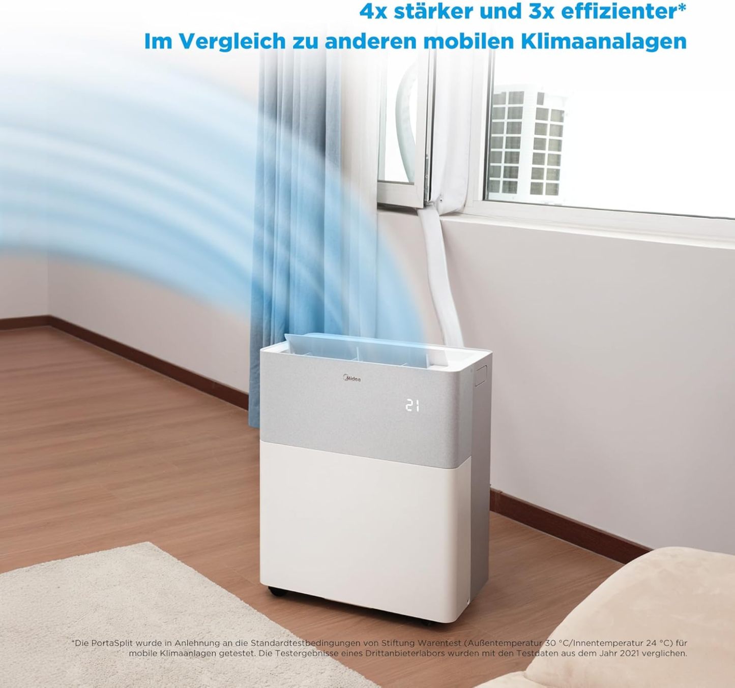Midea Portasplit Klimaanlage, Mobile Wärmepumpe, Kühlen A++/Heizen A+, 12000 BTU 3, 5kW, für Räume bis zu 42 m² / 105 m³, nur 39 dB(A) im Silent-Modus