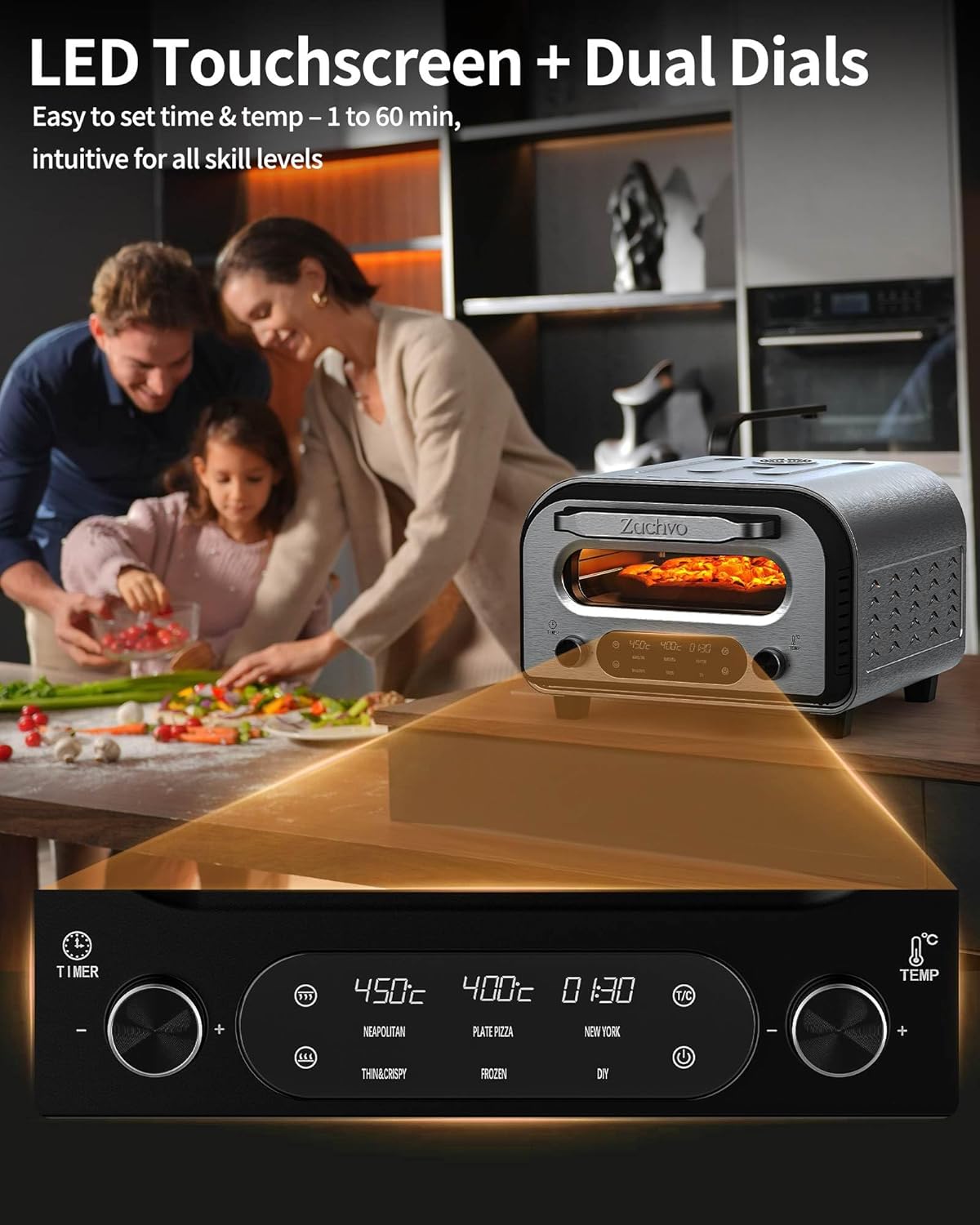 Elektrischer Pizzaofen - bis 450℃, 5 voreingestellte Pizzaarten, 1-60 Min Timer, Touchscreen & Drehregler, Edelstahlgehäuse, für 32cm Pizza, inkl. Pizzastein, Pizzaschieber, Rezeptbuch, Schwarz