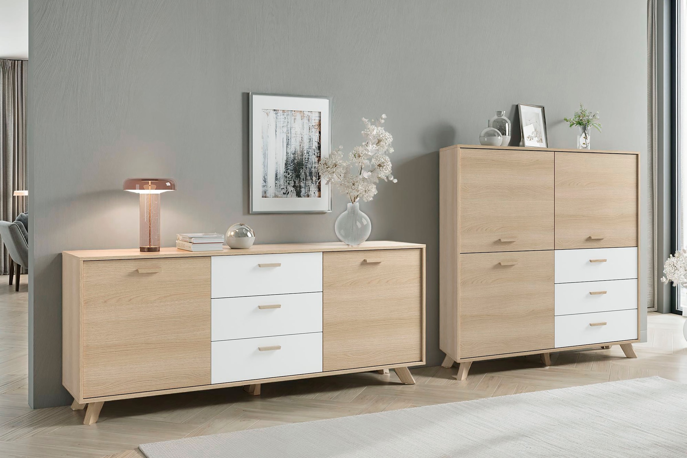 byLIVING Highboard »Bastian« 1 Stk. tlg. mit massiven Holzfüssen und Griffen, natürlicher Eichenlook, 120cm