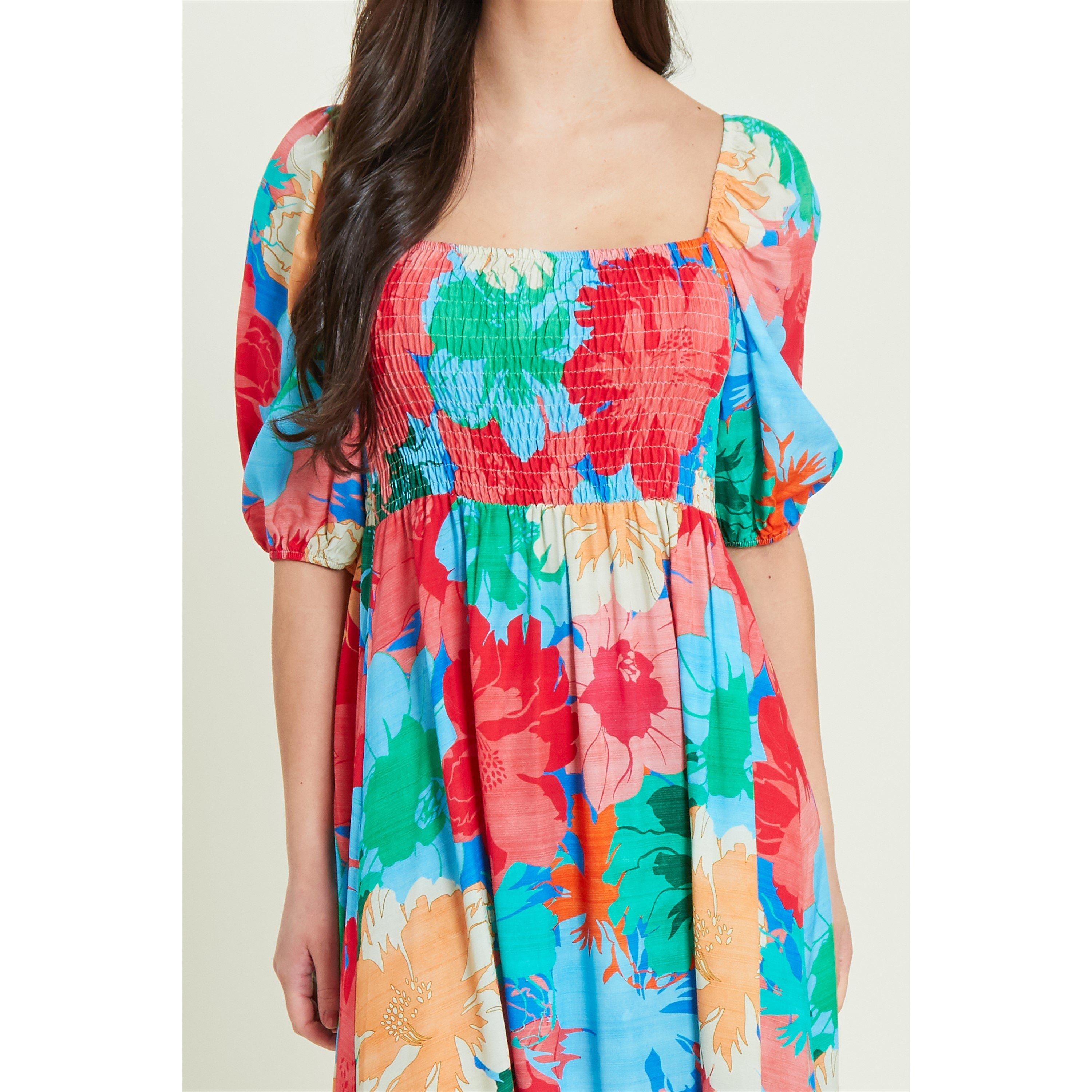 Be You Shirred Shirred Puff Sleeve Midi Dress
