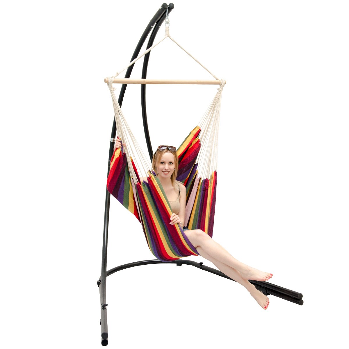 Freistehendes Stahl-Hängestuhlgestell 210cm inkl. XXL Hängesessel aus Baumwolle mit Swivel 185x130cm