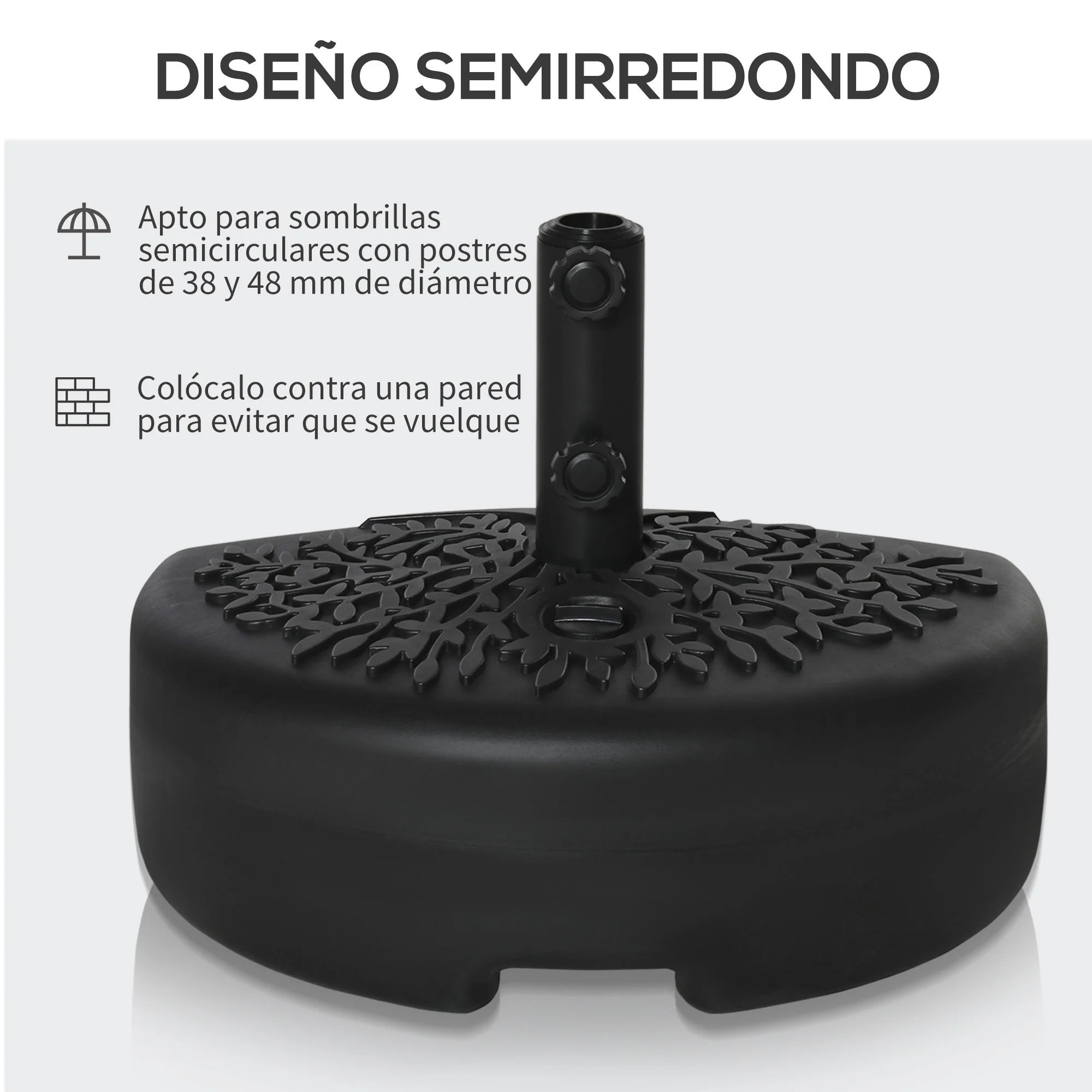 Base de parede para guarda-sol Outsunny Ø38/48 mm, suporte semicircular para guarda-sol, preenchível com 21 kg de areia ou 18 kg de água, para jardim, pátio, terraço e uso externo, 50x31x18 cm, preta