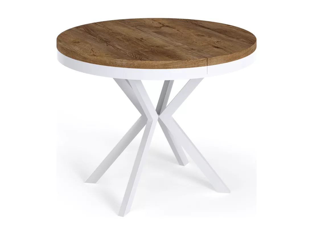 Table à Manger Extensible Ronde - Table Style Loft Avec Pieds En Métal Blancs - 120 à 200 Cm - Table Ronde Style Industriel Pour Le Salon - Compacte - 120 Cm - Chên