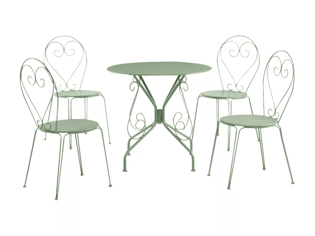 Salle à manger de jardin en métal façon fer forgé : une table et 4 chaises empilables - Vert amande - GUERMANTES de MYLIA