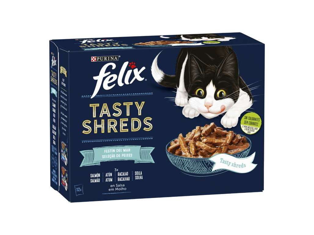 COMIDA HÚMIDA PARA GATO FELIX TASTY SHREDS MIX PEIXES 12X80G