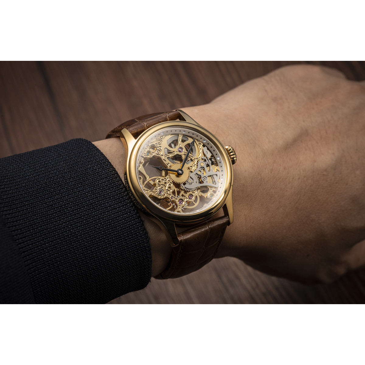 Montre EARNSHAW Bauer homme automatique acier doré bracelet cuir marron