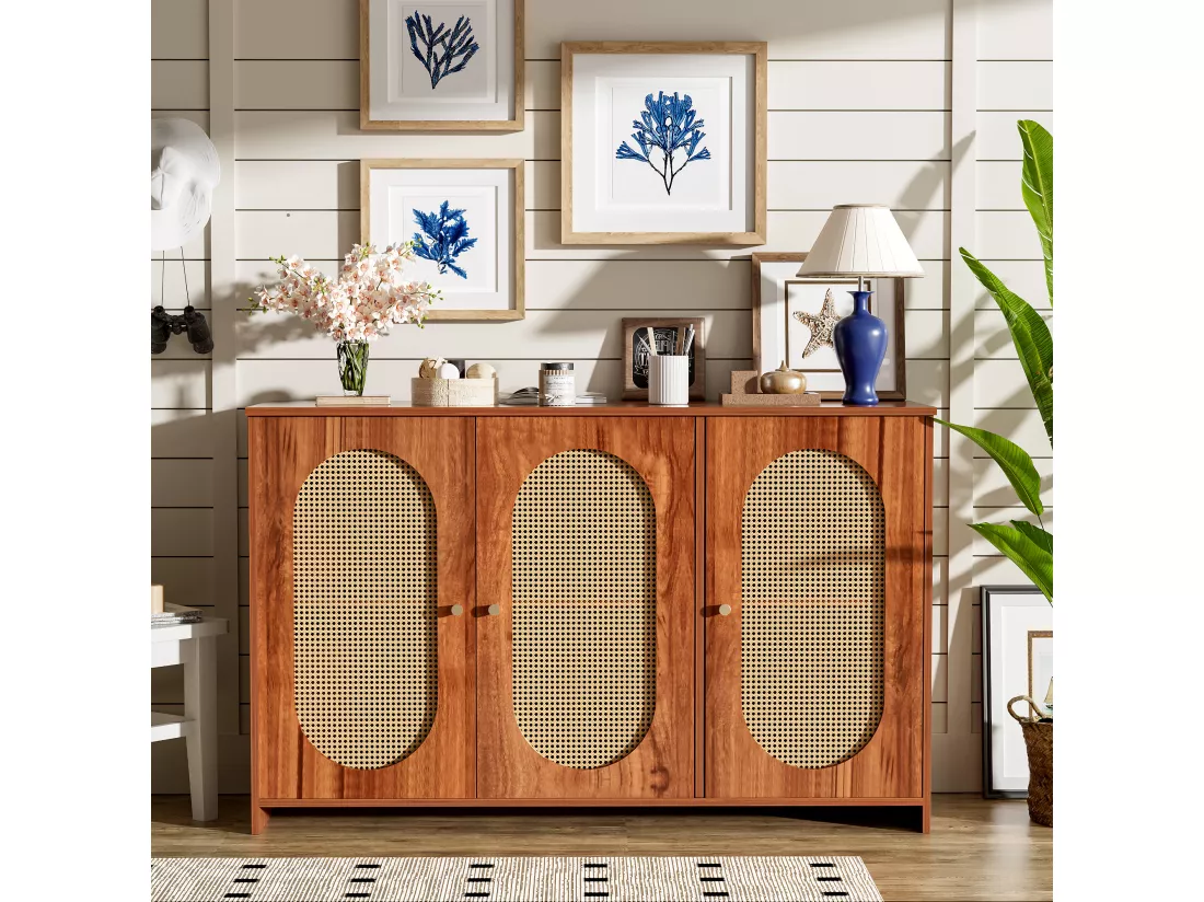 Buffet moderne avec 3 portes en imitation rotin - 125 x 38 x 78 cm - Bois MDF - Noyer