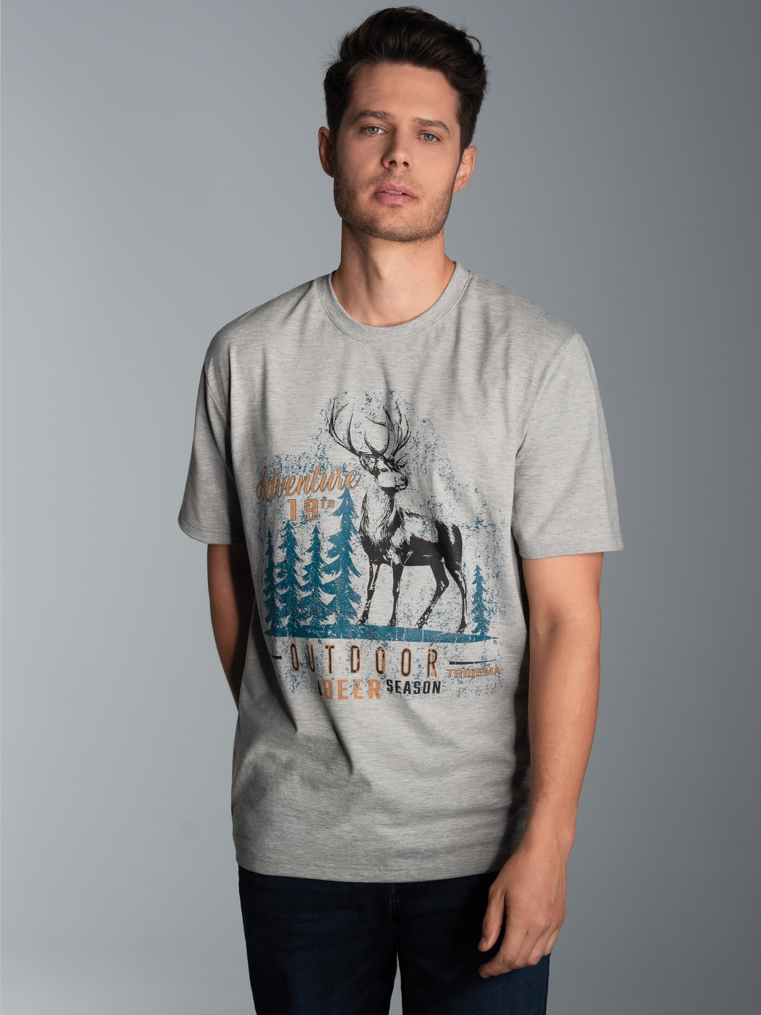 T-Shirt mit großem Hirsch-Printmotiv Grau-melange