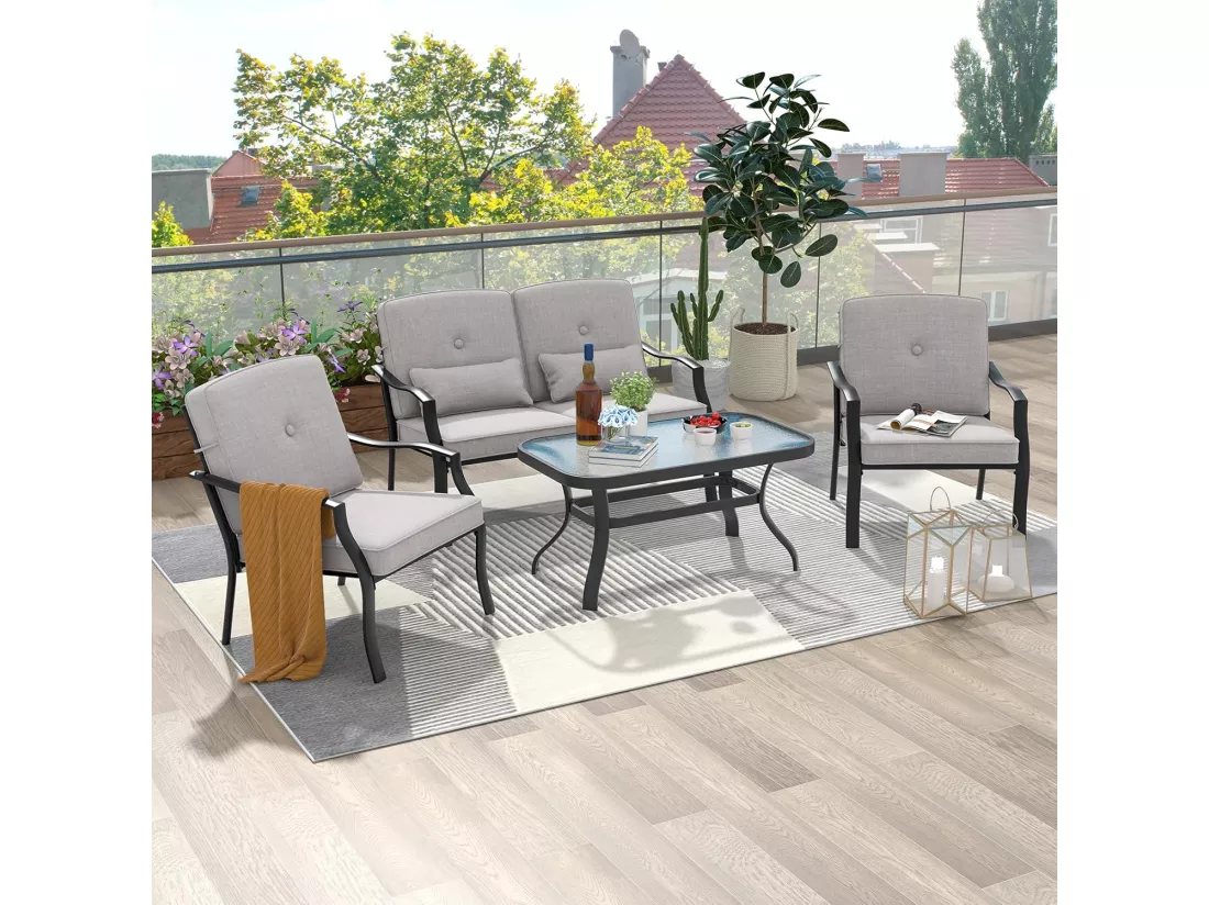 Salon de Jardin 4 Pièces avec Table Basse en Verre Trempé et Coussins Charge 300KG, Ensemble de Canapés de Terrasse avec Cadre Métallique 4 Places, pour Patio Balcon Terrasse