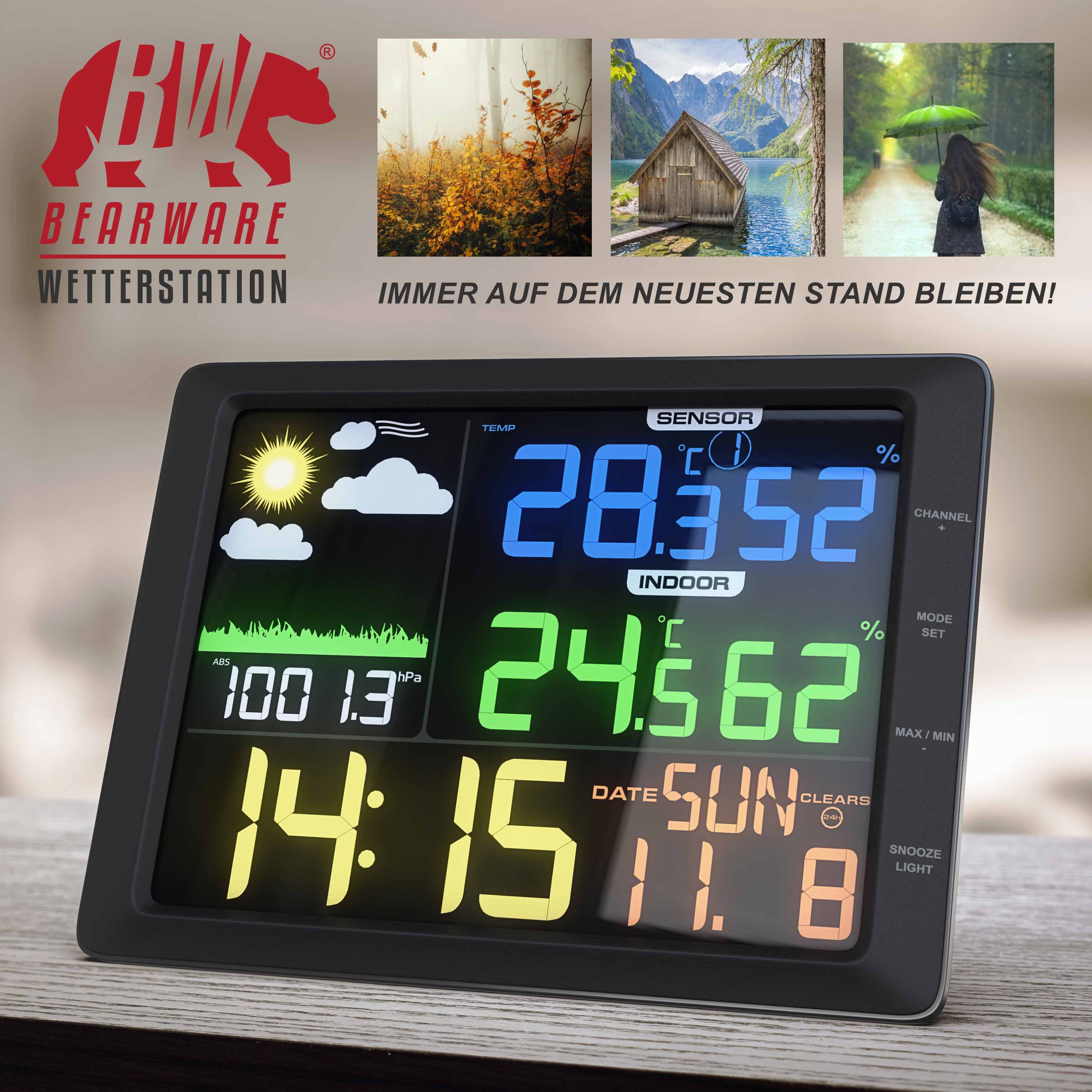 BEARWARE Wetterstation mit Außensensor, LCD Farbdisplay, Wettervorhersage, Luftdruck, Temperatur uvm.