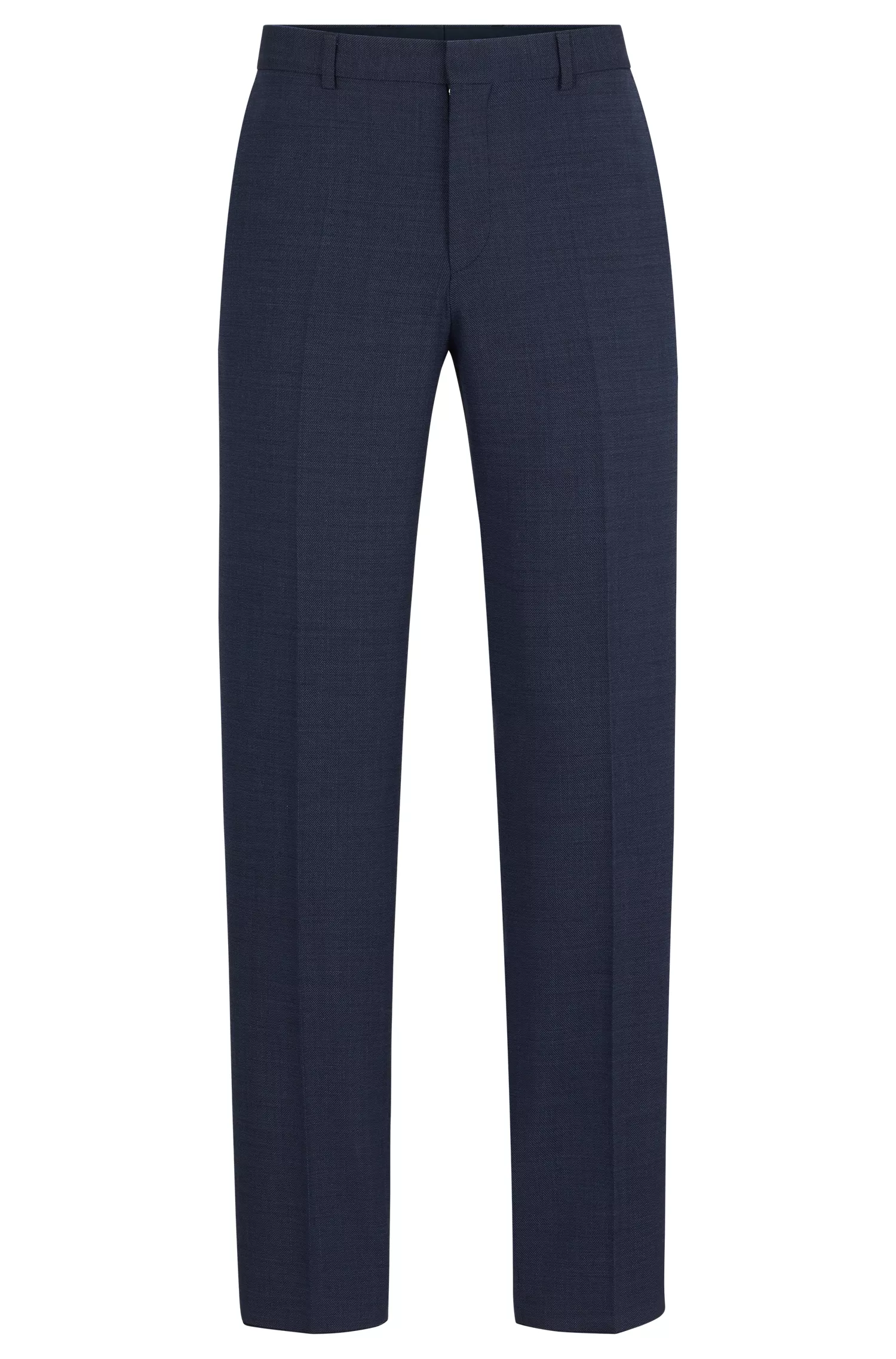 Calça BOSS preta, corte regular, em tecido elástico com microestampa.