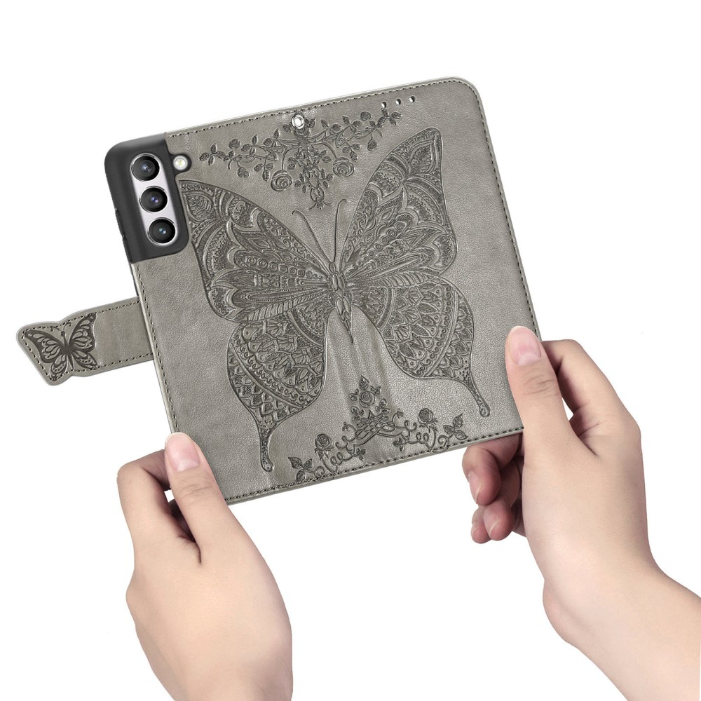 Samsung Galaxy S21 FE 5G Leder Tasche Flip Cover Schmetterlinge Imprint - Grau