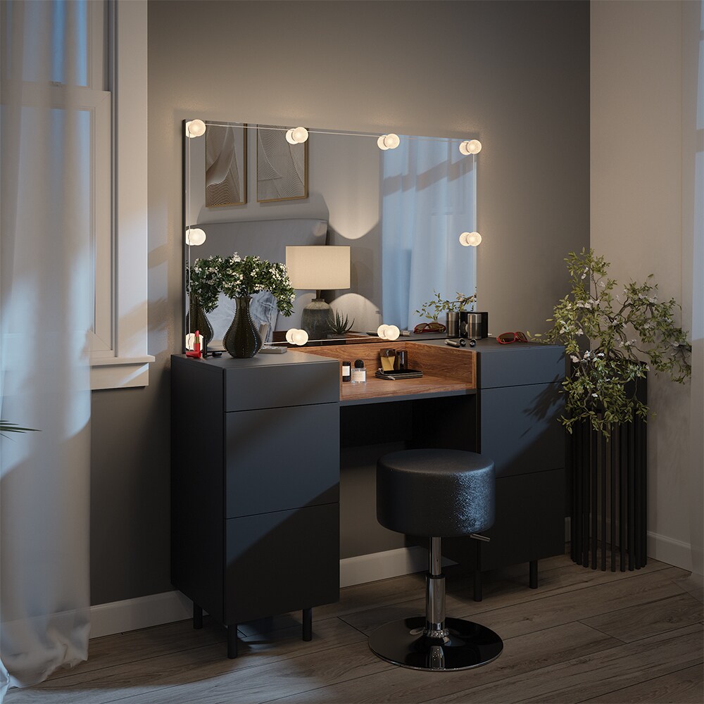 Vicco Schminktisch Anika 120 x 80 cm mit Spiegel, LED-Lampen und Hocker, Anthrazit Walnussbraun, Schlafzimmer