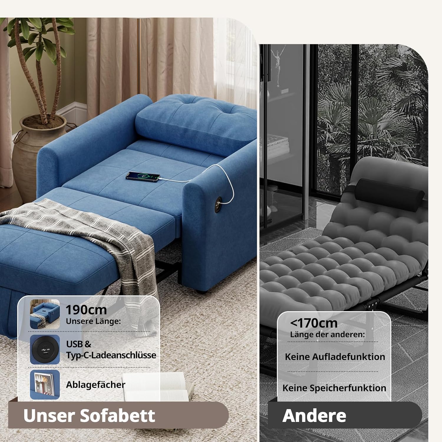 3-in-1 Schlafsessel Sofa Bett mit USB und Typ-C, Klappbares Einzelsofa mit weichem Kissen, Aufbewahrungstaschen und Verstellbarer Rückenlehne, Sherpa-Stoff Sofa Bed Chair 84 * 190cm, Blau