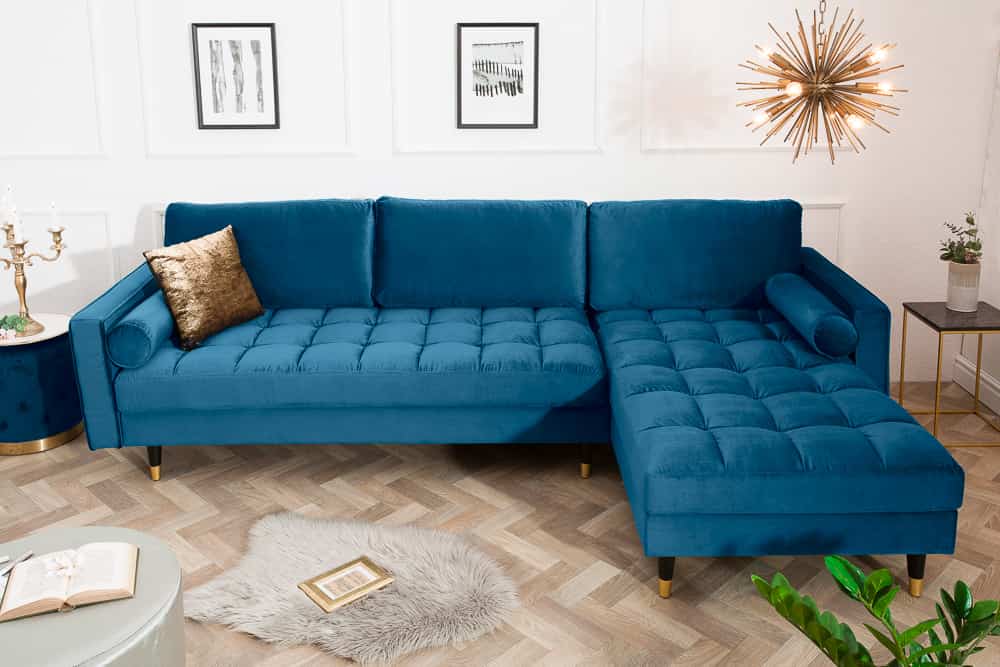 Elegantes Ecksofa COZY VELVET 260cm blau petrol Samt Federkern 3-Sitzer