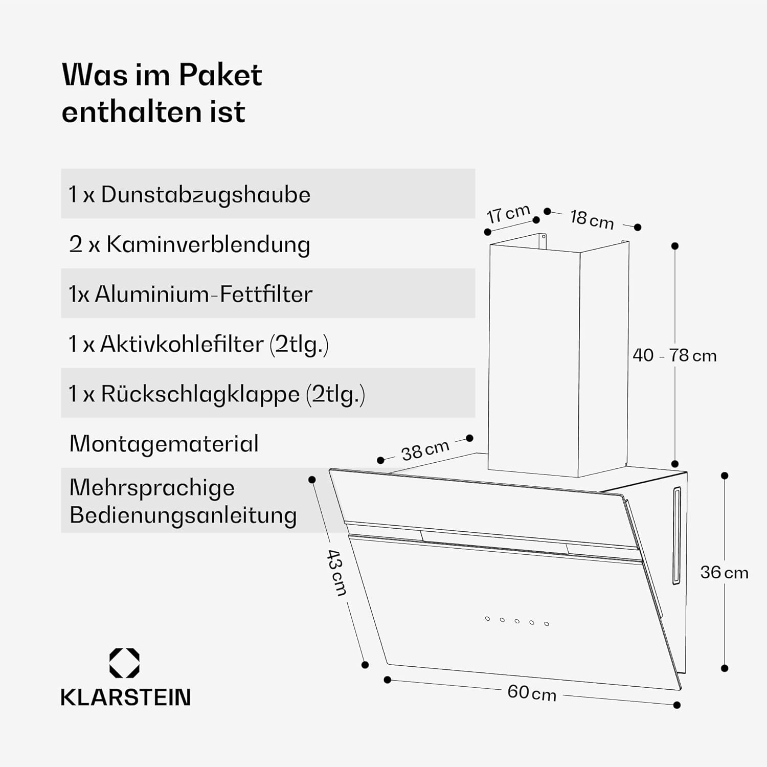 Klarstein Dunstabzugshaube Alina - 60-cm-Wandhaube, 600 m³/h Luftstrom, Energieeffizienzklasse A, LED-Beleuchtung in 9 Farben, Touch-Bedienfeld, Umluftbetrieb, Schwarz