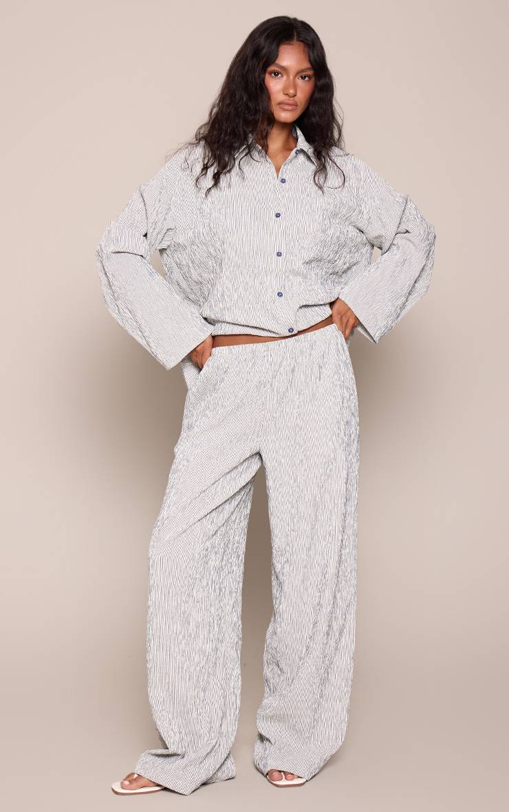Bleu Marine Pantalon Large À Rayures Texturées Ensemble Coordonné