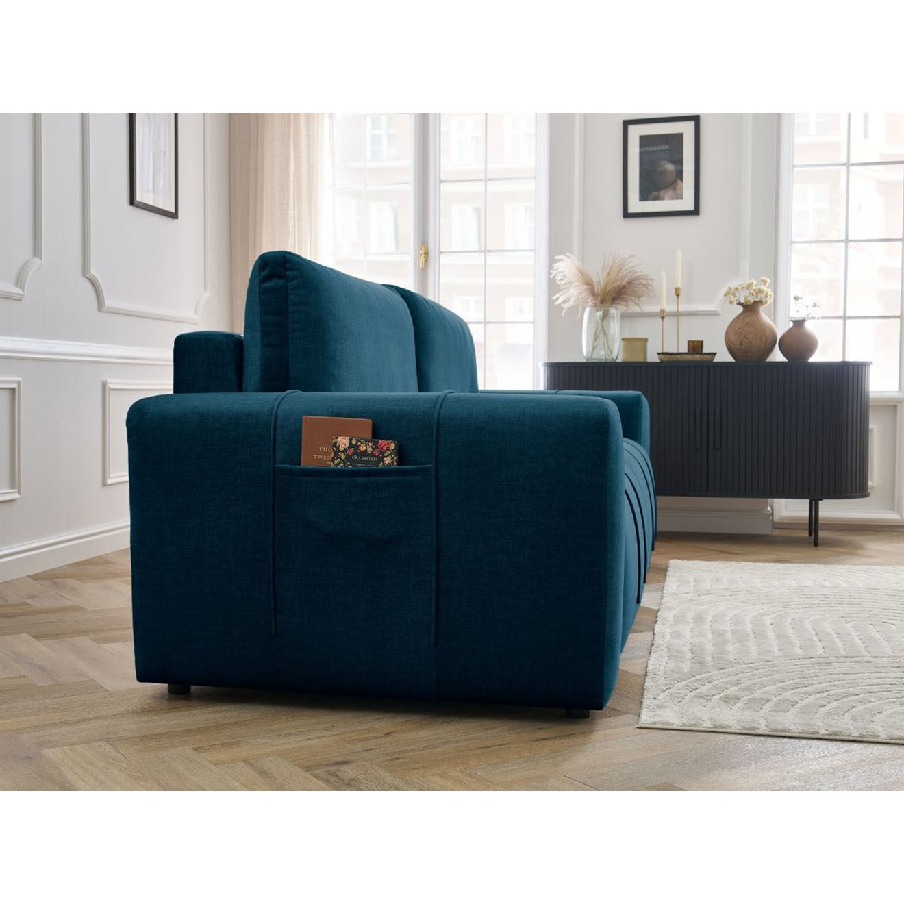 Bobochic Canapé droit convertible en Velours 3 places Arsène avec coffre bleu - 248x105x90 cm