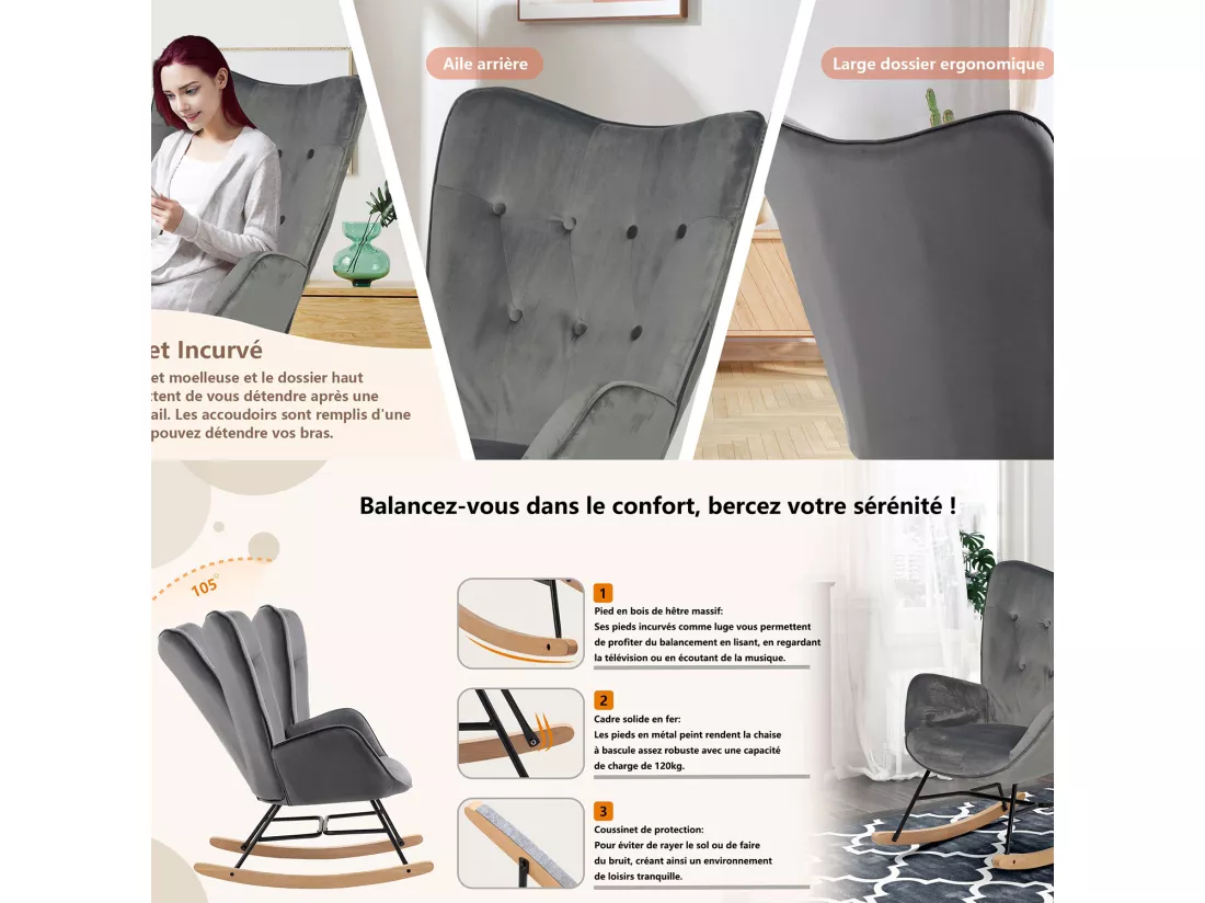 MEUBLES COSY Fauteuil à Bascule Allaitement Rocking Chair Scandinave Chaise Loisir Revêtement Pieds en Bois Massif pour Salon, Chambre, Le Balcon, Gris Velours