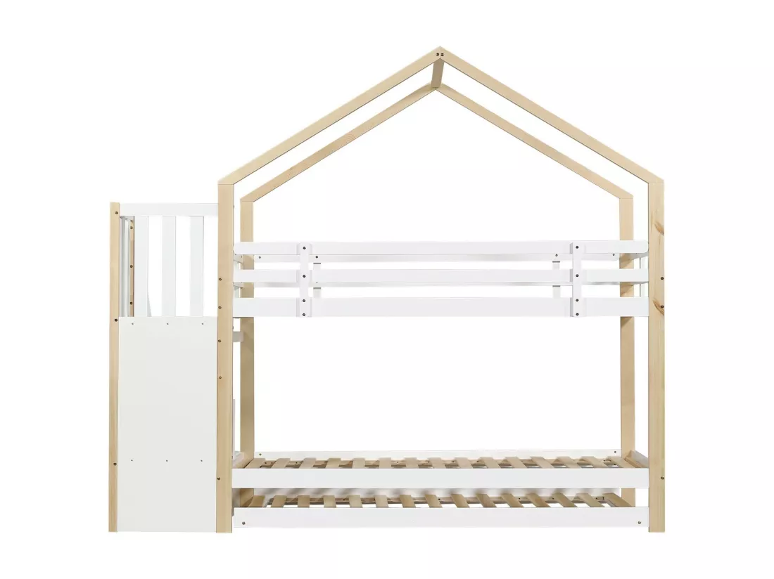 Lits superposés triple - 2 x 90 x 200 cm - avec lit gigogne coulissant 90 x 190 cm - 3 tiroirs - Blanc et naturel