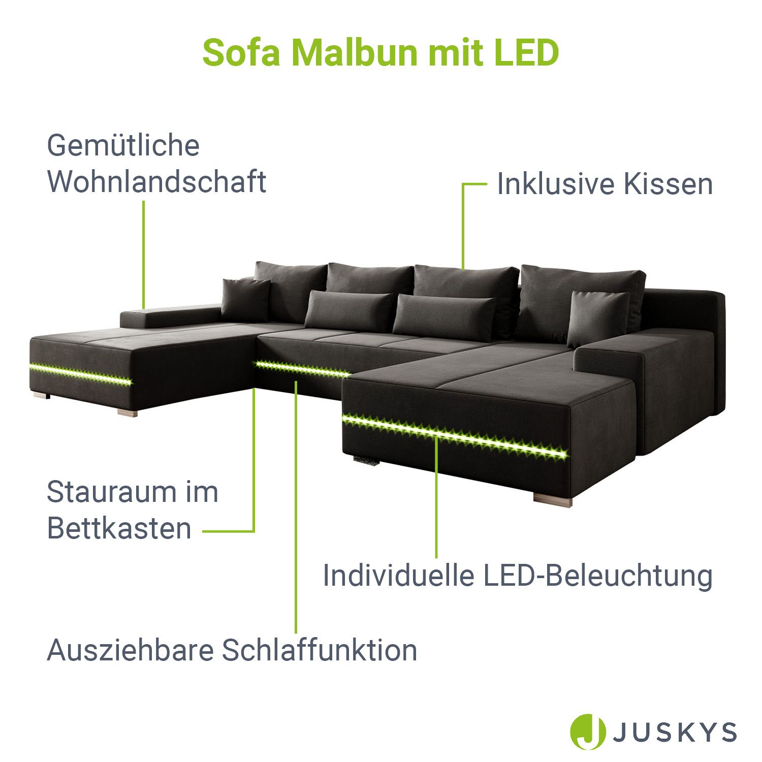 Juskys Sofa Malbun - Bequemes Wohnlandschaft mit Schlaffunktion, Bettkasten, Samt & LED - Dunkelgrau