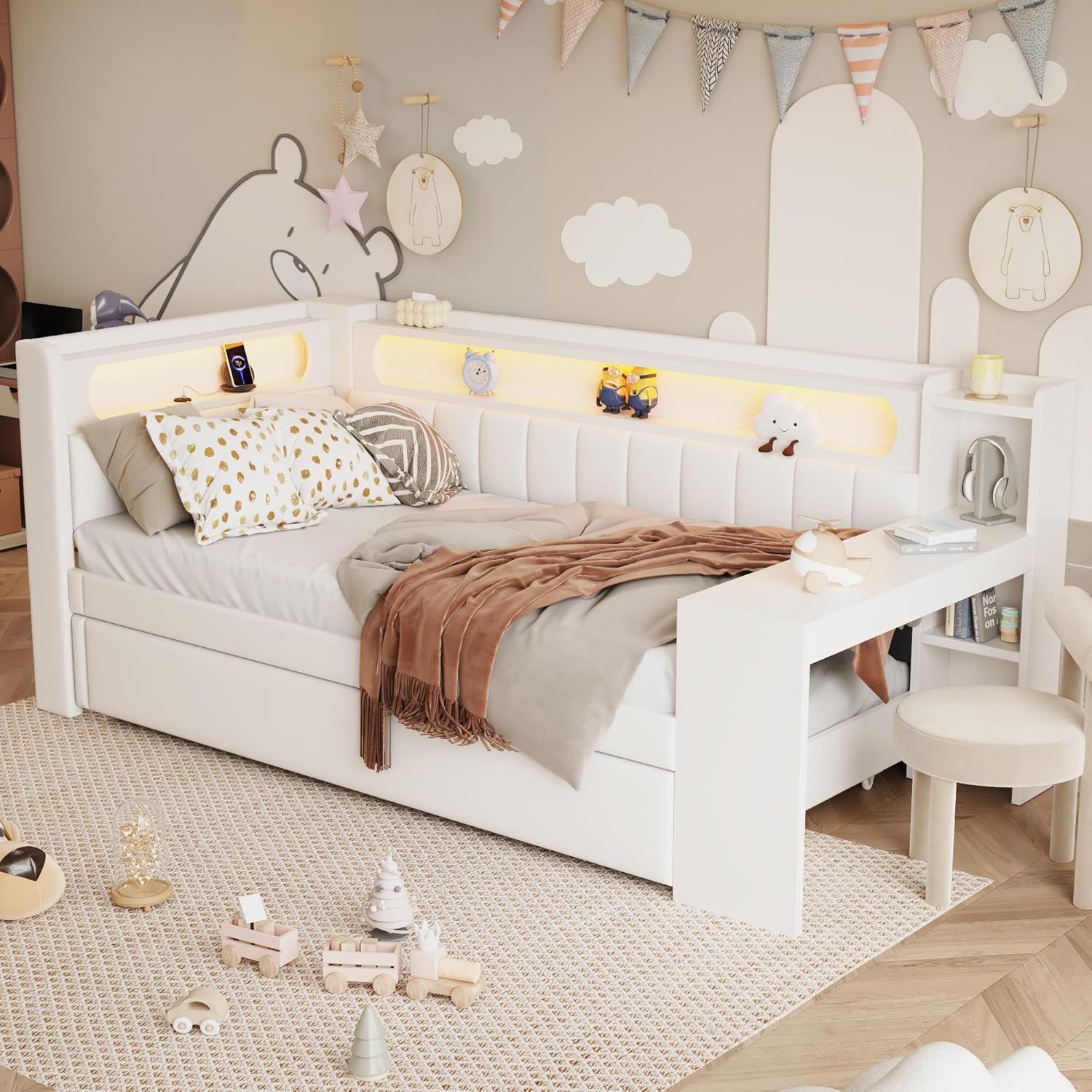 Polsterbett Schlafsofa 90x200 cm, Daybett mit Schreibtisch und Ausziehbett, Tagesbett mit LED und USB-Anschluss, Funktionsbett Gästebett mit Lattenrost, ohne Matratze, Weiß