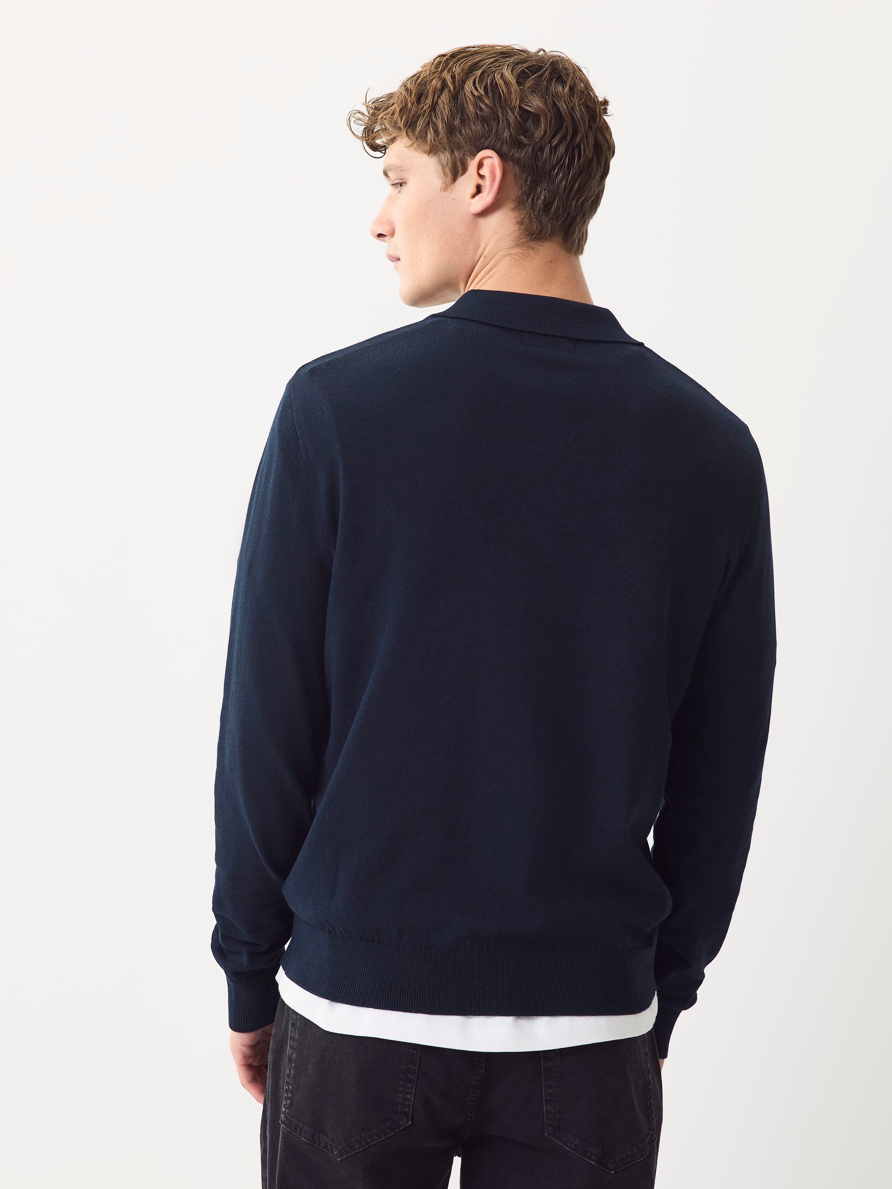 Donkerblauw - Normale Pasvorm - Katoenrijk gebreid poloshirt met lange mouwen
