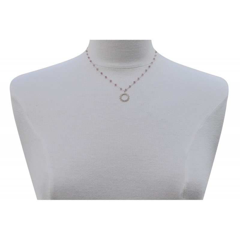 Collier Plaqué Or Soleil de Billes Ajouré et Perles Facettées Tourmaline Rose