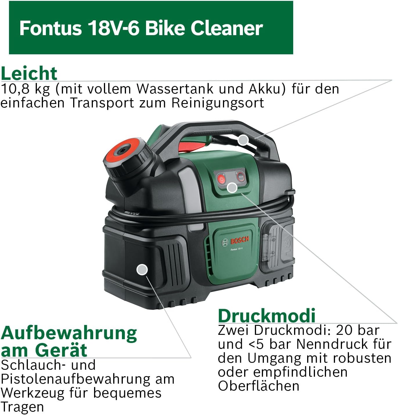 Bosch Akku-Druckreiniger Fontus 18V-6 für Fahrräder (mobil, mini, 6-Liter-Wassertank, 8 Druckstufen, Aufbewahrung für Schlauch und Pistole, inkl. 1 x 2,0 Ah 18V Akku und Ladegerät)