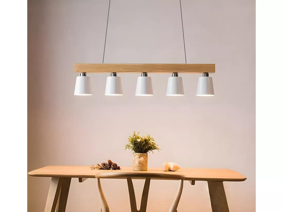NETTLIFE Suspension 5 ampoules E27 blanc moderne Métal et bois lampe de salle à manger Diam.102cm pour cuisine salon couloir hôtel