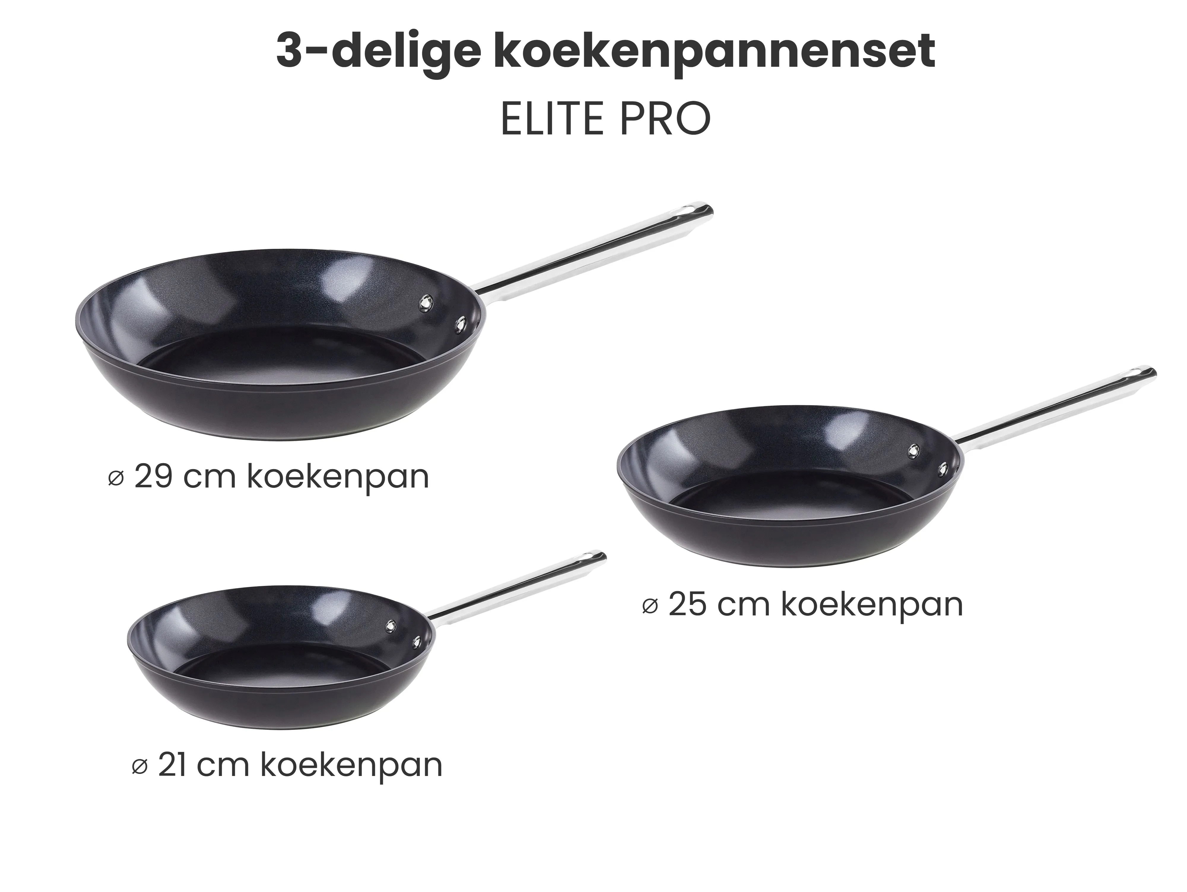 Set van 3 koekenpannen ELITE PRO Zwart