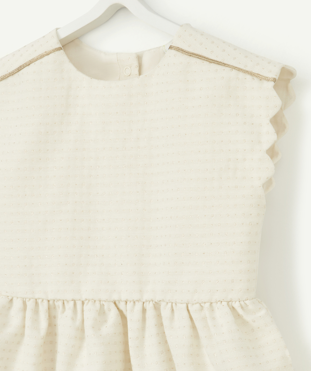ROBE BÉBÉ FILLE ÉCRUE AVEC FRONCES ET POIDS COULEUR DORÉE