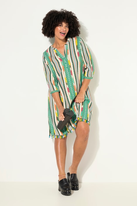 Kleid, kurze A-Line, Musterstreifen, Knopfleiste, 3/4-Ärmel
