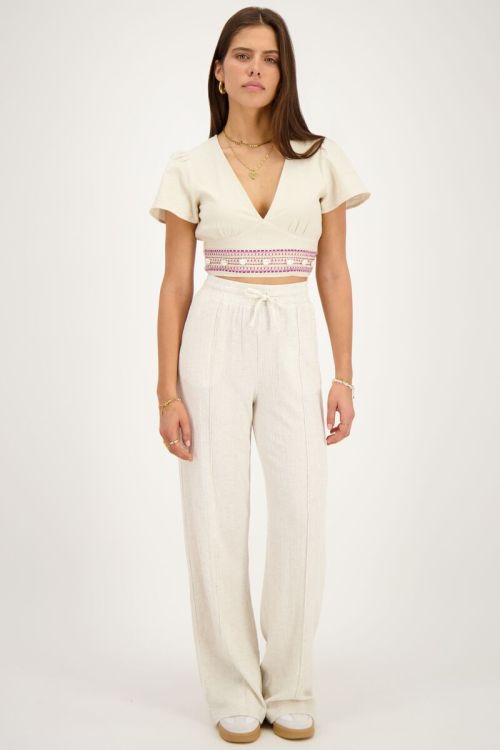 Beige linnen look top met schelpjes